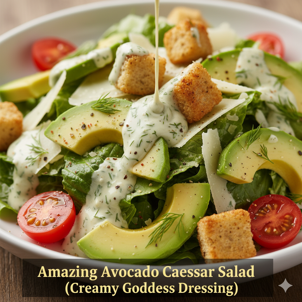 amazing avocado Caesar salad with creamy goddess dressing