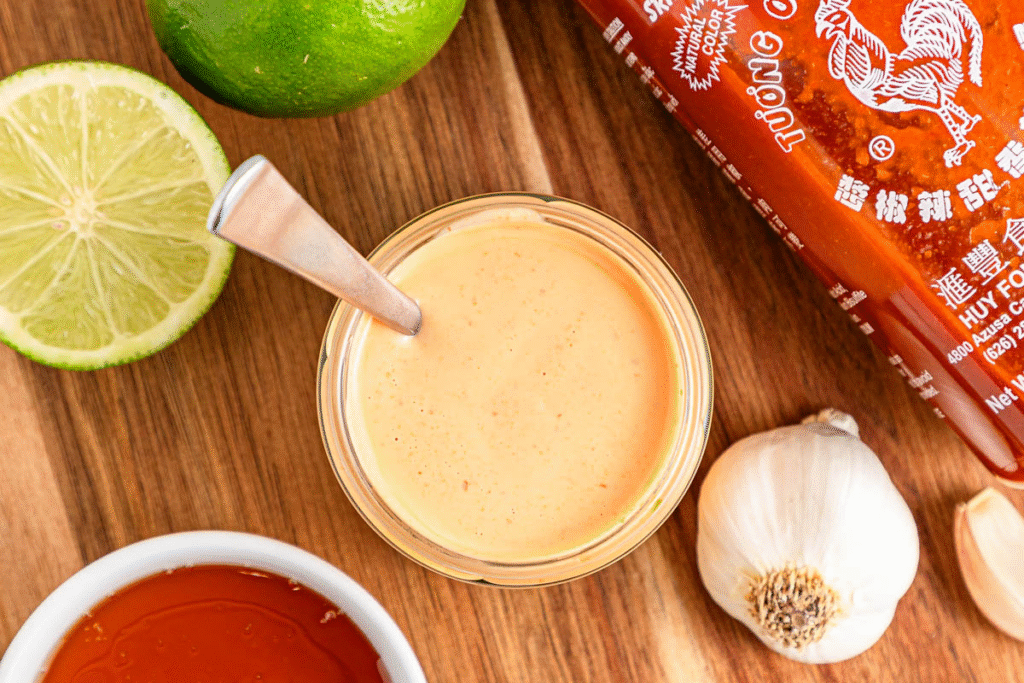 preparation of spicy sriracha dip with crispy air fryavocado fries 
