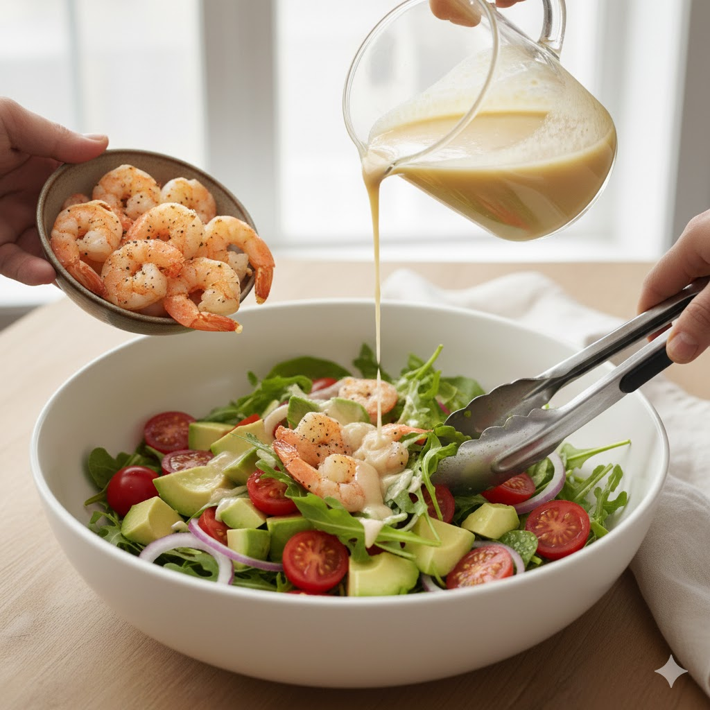 Assemble & toss
Add warm shrimp to the salad, drizzle with dressing, and gently toss.